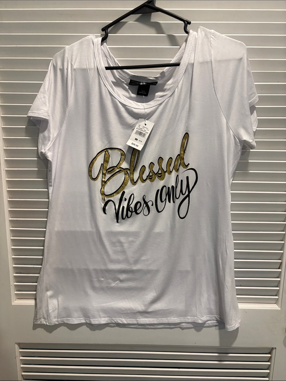 Ashley Stewart White Short-Sleeve Tee with Gold and Black Script
